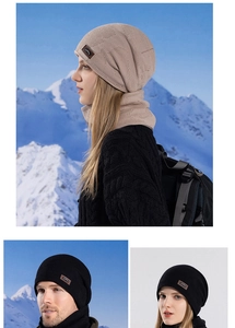 Close-up of winter knit beanie and neck gaiter set with fleece lining for cold weather