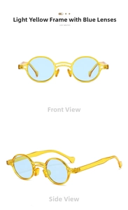 Close-up of vintage round light yellow frames with blue lenses from front and side views