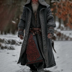 Heavy medieval wool hooded cloak with Celtic embroidery in a snowy winter forest