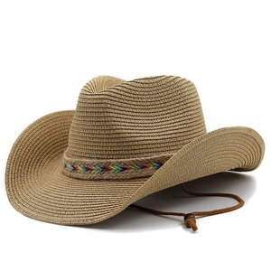 Straw cowboy hat with bohemian colorful band and adjustable chin strap for sun protection