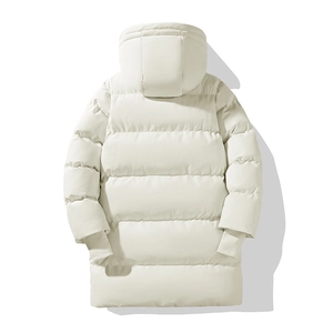 Off-white mid-length men's hooded puffer coat featuring horizontal quilting and windproof cuffs