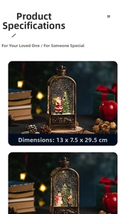 Detail of vintage bronze Christmas lantern featuring a snowy Santa scene and holiday decor