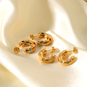 Chunky C Hoop Earrings Stainless Steel 18K Gold Plated Cubic Zirconia Geometric Colorful Fashion For Women