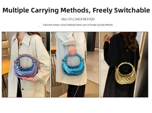 Chic metallic crescent handbag in iridescent purple, blue, and gold with chain strap