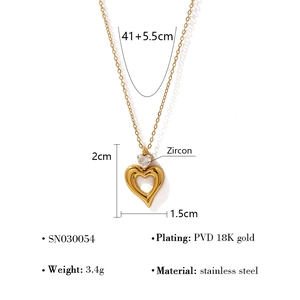 Detailed dimensions of 18K gold plated heart pendant necklace with zircon and steel specs