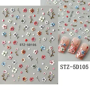 Macro detail of 5D embossed floral nail stickers STZ-5D105 with realistic texture