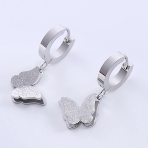 Elegant silver stainless steel butterfly hoop earrings with frosted texture butterfly charm