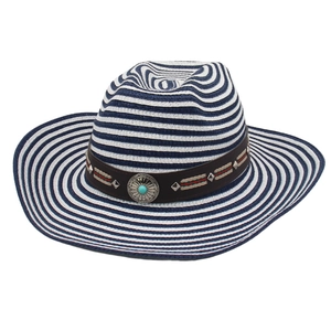 Close-up of blue striped cowboy straw hat with leather band and turquoise metal buckle