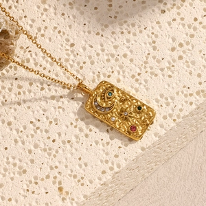 18K gold plated stainless steel celestial square pendant necklace with moon and star