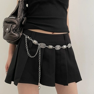 Vintage silver metal waist chain with embossed oval plates and double layer drop chains