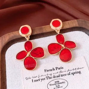 Vintage Flower Drop Earrings With Red Oil Dripping Alloy And 925 Sterling Silver Earring Post For Women French Style