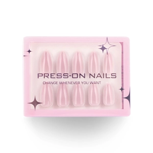 Pink almond-shaped press-on nails set in a decorative star-themed box with 10 pieces