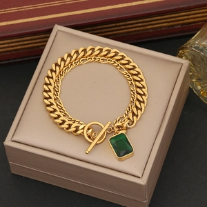 Golden double-layer Cuban chain bracelet with OT clasp and emerald green square pendant