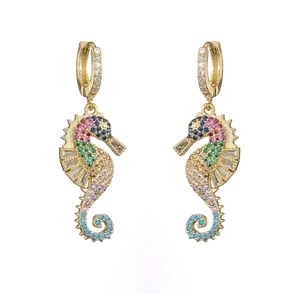 Luxury 18K gold-plated seahorse drop earrings with colorful zircon stones on white background