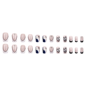 Set of 24 press-on nails featuring French tips, blue daisy patterns, and butterfly accents