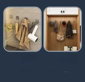 Strong 304 stainless steel adhesive hooks shown in bathroom and wardrobe storage scenarios