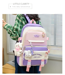 Detail of colorful patchwork backpack with cute bear pendant and multiple functional pockets