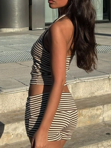 Detailed side view of Y2K brown and white striped halter top and matching shorts set