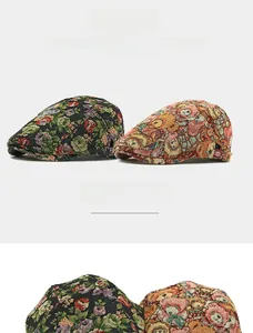 Detail of ethnic jacquard beret showing vintage floral and bear pattern textures