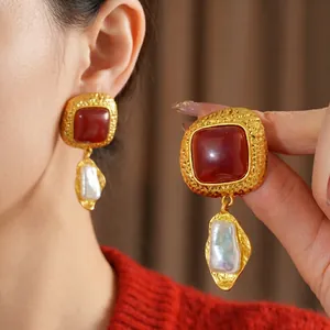 Vintage gold square red resin earrings with baroque pearls for a luxury aesthetic look