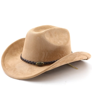 Close-up of brown suede cowboy hat featuring leather band and bull metal ornament