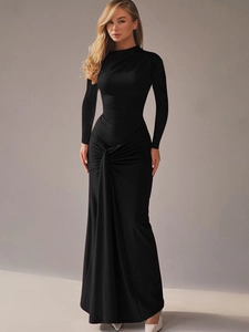 Elegant black long sleeve maxi dress with high neck and waist knot detail for women