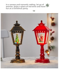 Detail of Christmas lighted lanterns with Santa Claus and tree on artificial snow background