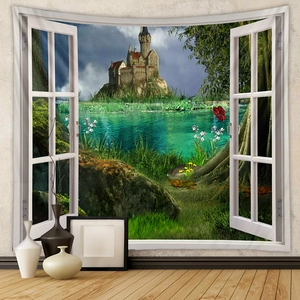 Detail view of 3D window nature tapestry featuring a castle over lake for wall decor
