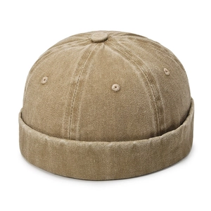 Retro khaki washed cotton docker cap with a brimless rolled edge and 6-panel design