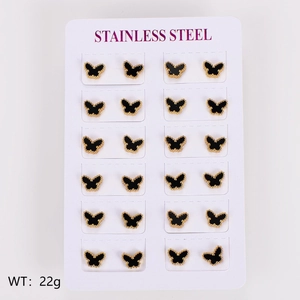 Detailed view of black shell butterfly stud earrings with gold plating on display card
