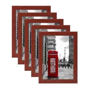 5-piece vintage wooden photo frames set with London street art in reddish-brown finish