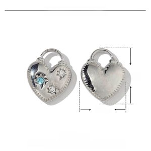 Detail view of heart-shaped stainless steel charms with blue rhinestones and dimensions