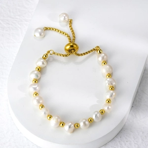 Freshwater Pearl Bracelet Women Irregular Baroque Pearl Adjustable Gold Plated Titanium Steel Beads Sliding Buckle Minimalist