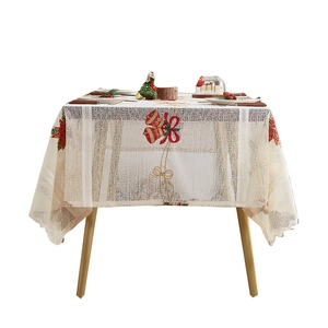 White Christmas lace tablecloth with red bells and green holly embroidery for dining tables