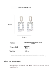 Detailed size specifications of hollow square earrings with cubic zirconia and silver needles