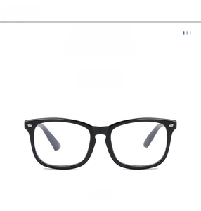Detail of glossy black square frame glasses with silver metal rivets on the side