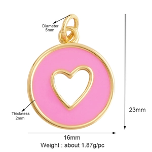 Gold round pendant with pink enamel heart detail and precise dimensions display