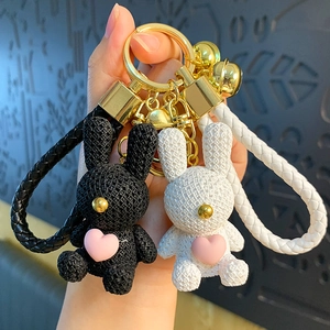 Cute resin bunny keychain set with knitting texture, pink heart and gold metal ring