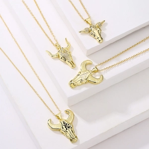 Bull Head Pendant Necklace Copper 18K Gold Plated With Zircon Animal Retro Hip Hop Clavicle Chain For Women