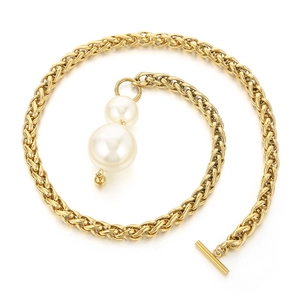 Elegantes Goldperlen-Halsketten-Set mit gewebter Kette und T-Verschluss auf Weiß