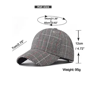 Detailed size chart showing circumference and dimensions for plaid baseball cap