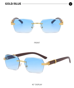 Detail of rimless metal sunglasses with wood grain temples and C-shaped metal hinge