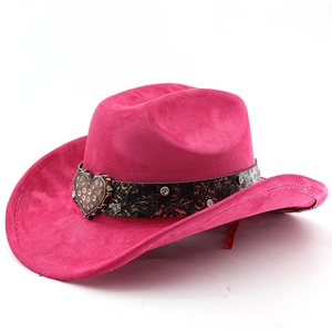 Detail of rose red suede cowboy hat featuring a heart-shaped rhinestone buckle and studs