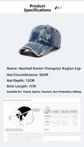 Size chart for washed denim baseball cap with detailed measurements and measuring guide