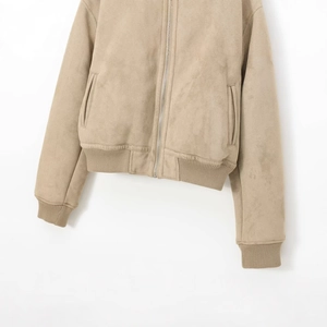 Short khaki faux suede bomber jacket with ribbed cuffs and metallic zipper detail