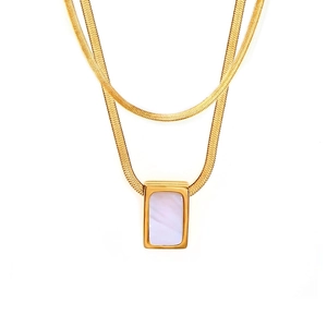 Rectangle Pendant Necklace Titanium Steel Mother Of Artificial Pearl Inlay Snake Bone Chain French Retro Elegant Jewelry For Women