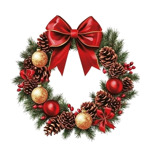 Christmas wreath sticker with red bow pine cones and golden glitter balls on white background