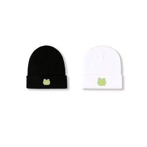 Unisex knit frog beanie in black and white with cute embroidered cartoon star frog