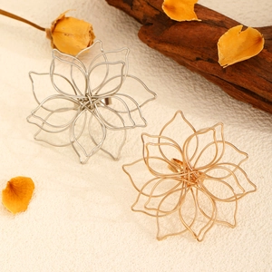 Detail of oversized hollow wire flower rings in gold and silver finish with petals