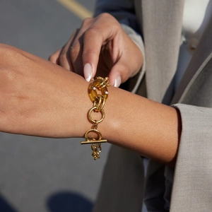 Goldene grobe Gliederkette mit bernsteinfarbenem Harz und T-Verschluss am Model